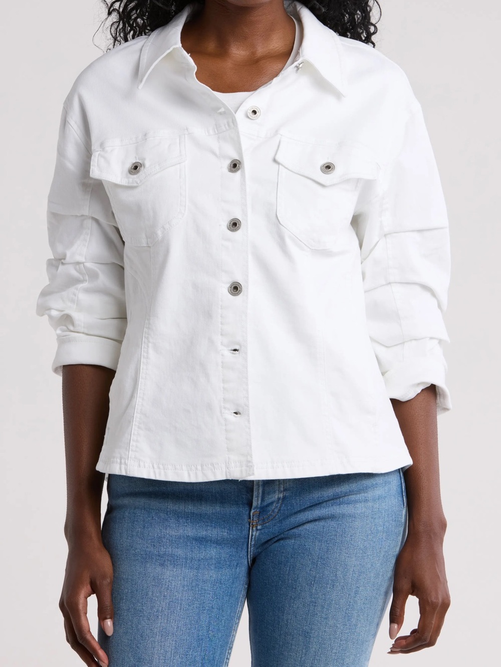 Democracy White Button-Front Cinched Sleeves Jean Jacket